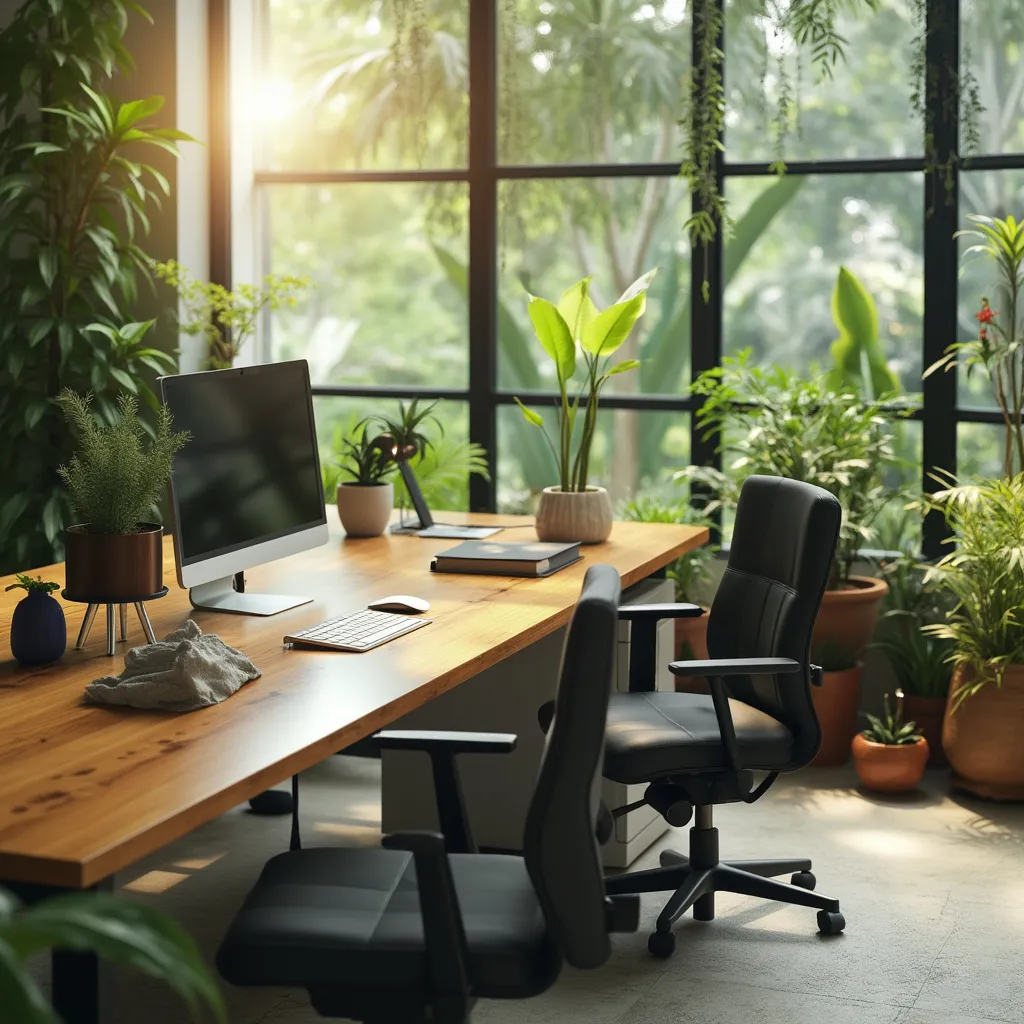 Oficina moderna con plantas y equipo trabajando