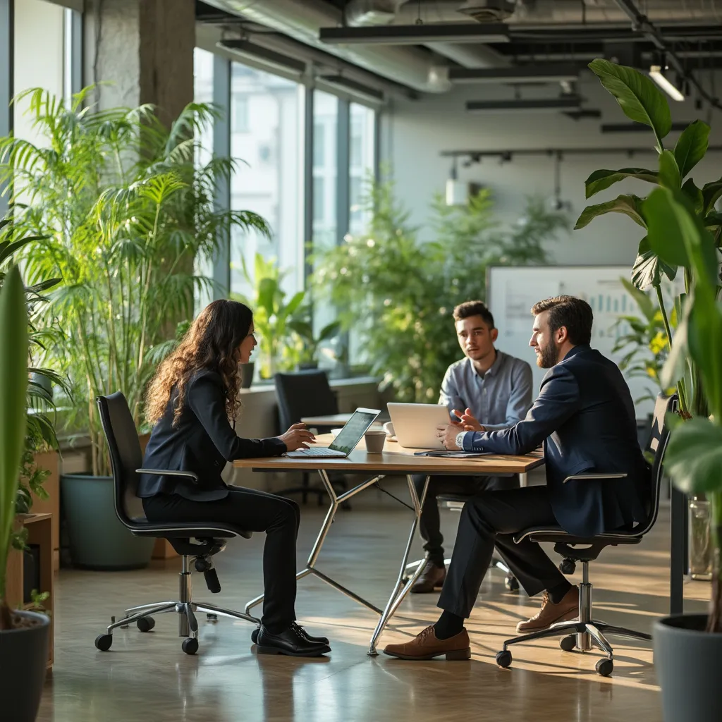Equipo de consultores financieros en oficina ecológica